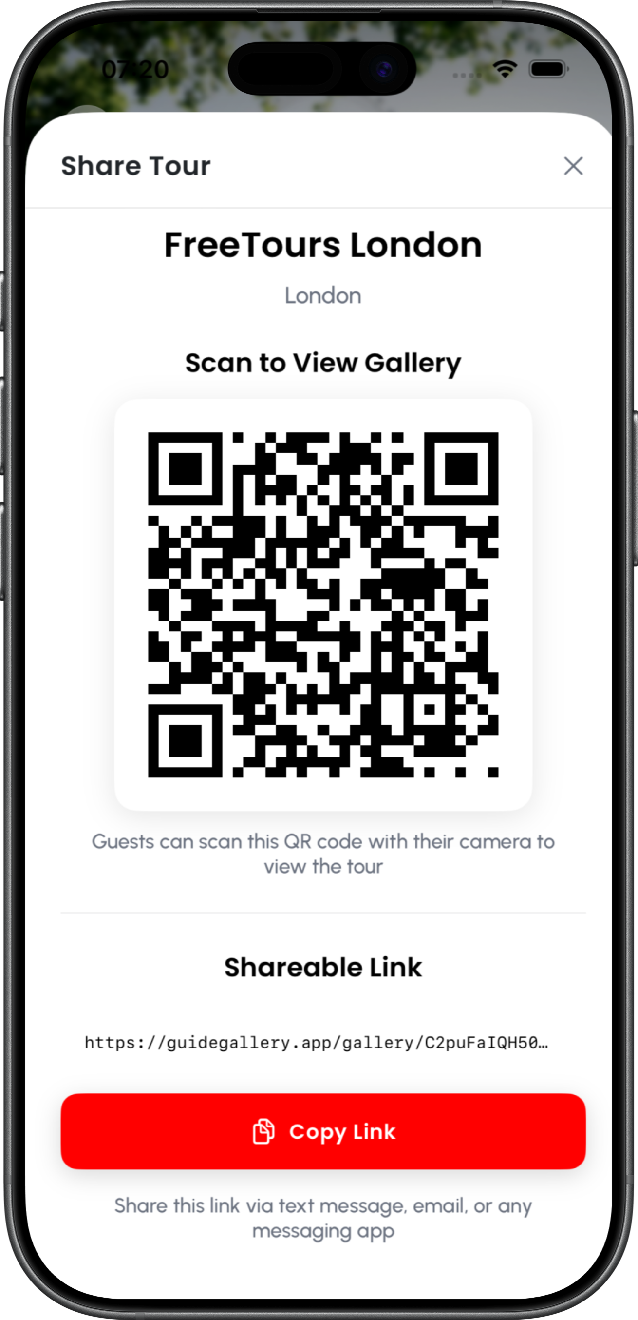 QR code share screen in GuideGallery app