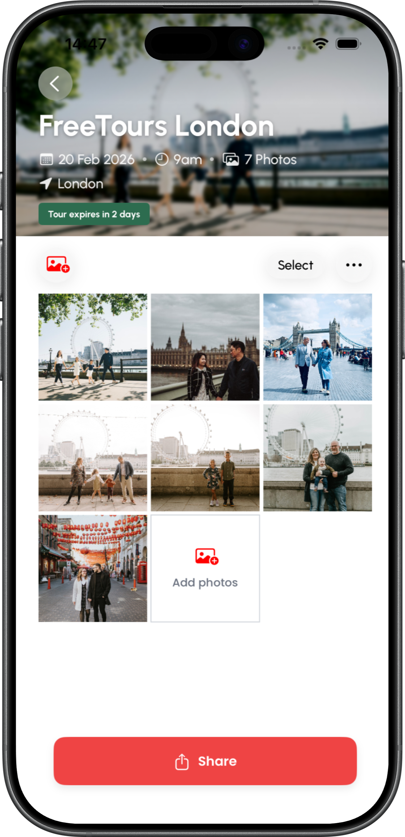 Gallery screen with Add photos and Share in GuideGallery app